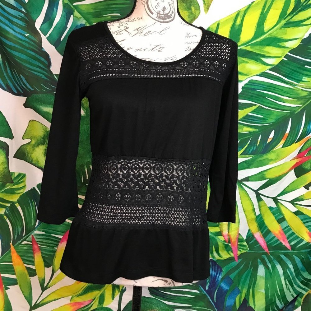 Guc Charming Charlie Womens Small Black Lace Inset Office Work 3/4 Sleeve Blouse